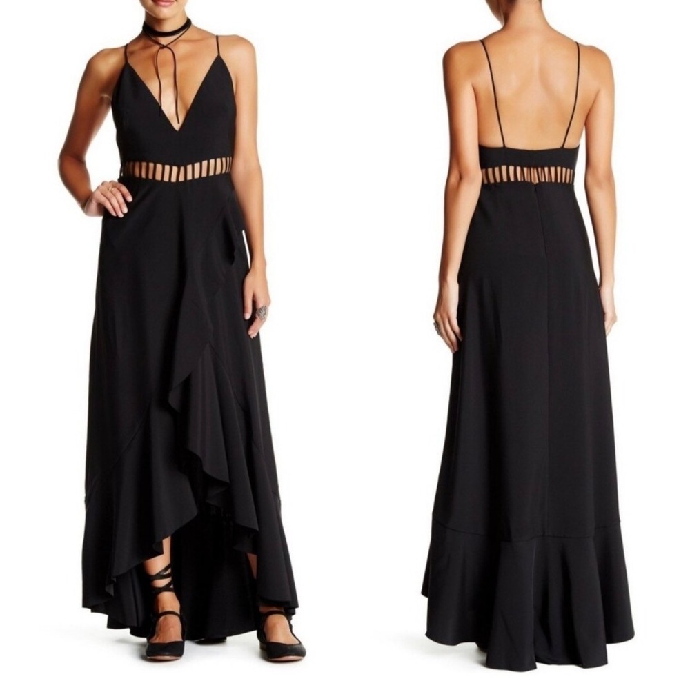 Free People Black V-Neck Cutout Ruffle High-Low Maxi Dress Size 2